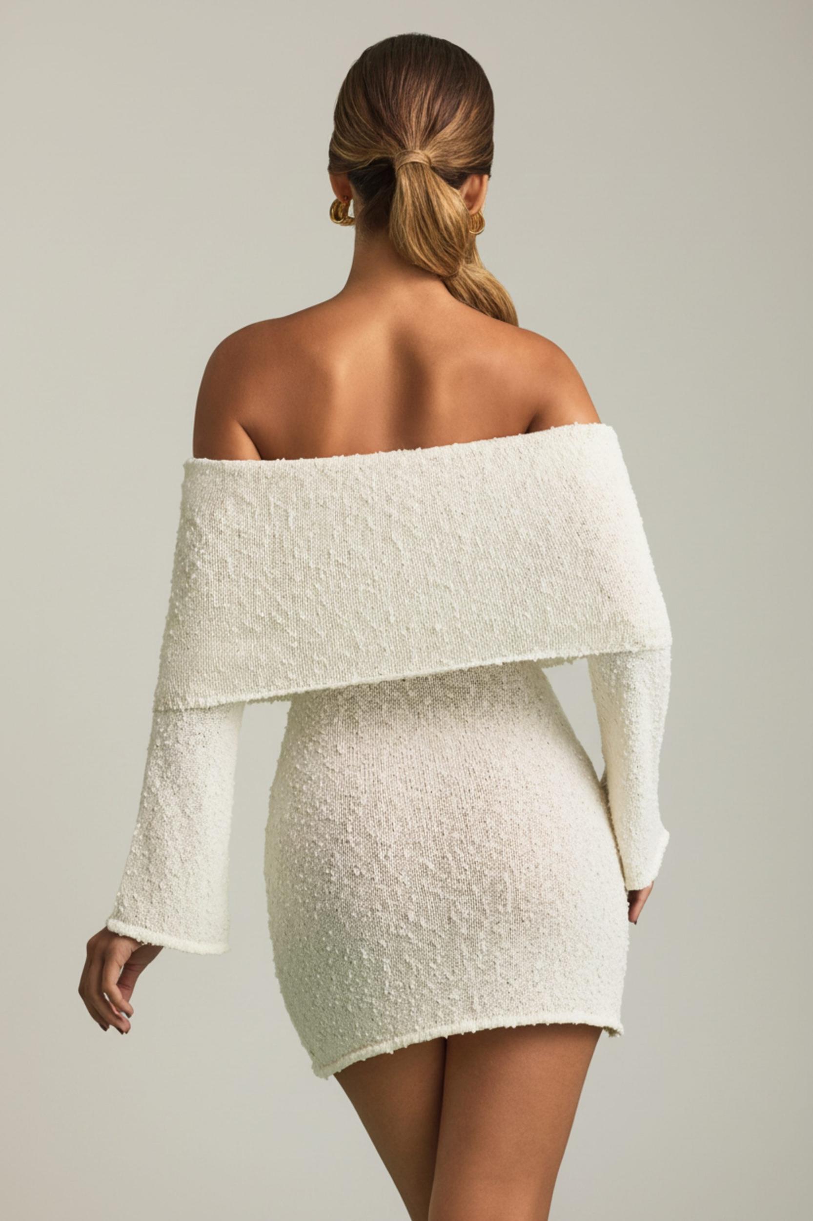Bouclé Off-Shoulder Mini Dress in White Product Image