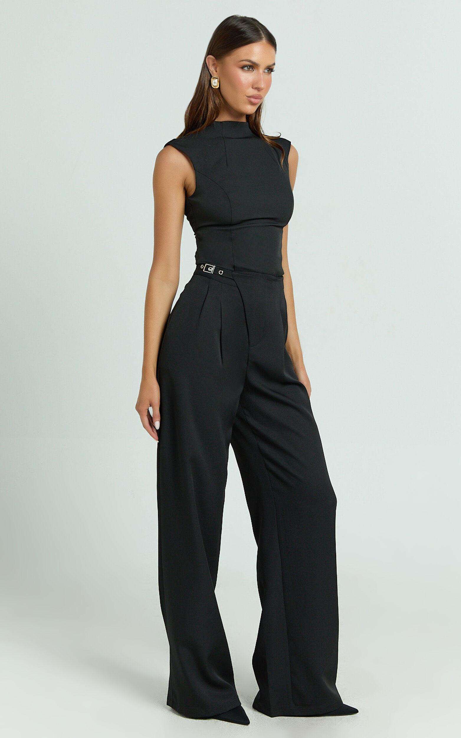 Luciana Pants - High Waist Crossover Belted Straight Leg Tailored Pants in Black Product Image