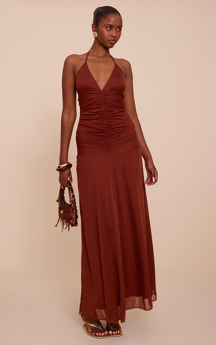Chocolate Ruched Detail Strappy Maxi Dress Product Image
