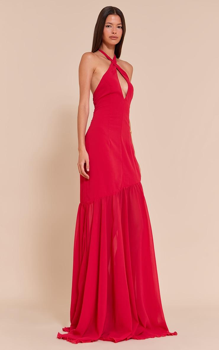  Red Chiffon Halterneck Dropped Waist Maxi Dress Product Image