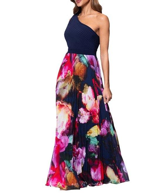 Xscape Chiffon Floral Print One-Shoulder Neck Sleeveless Pleated A-Line Gown Product Image