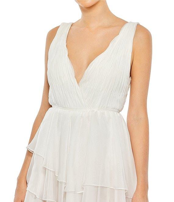 Mac Duggal Double V Neck Built in Bodysuit Hi Low Tiered Gown Product Image