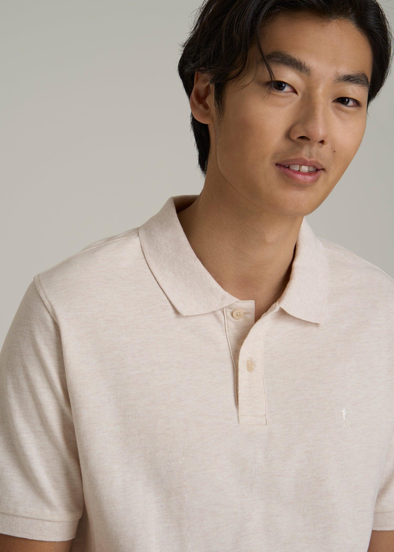 Classic Polo with Embroidered Logo for Tall Men in Heathered Oatmeal Male Product Image