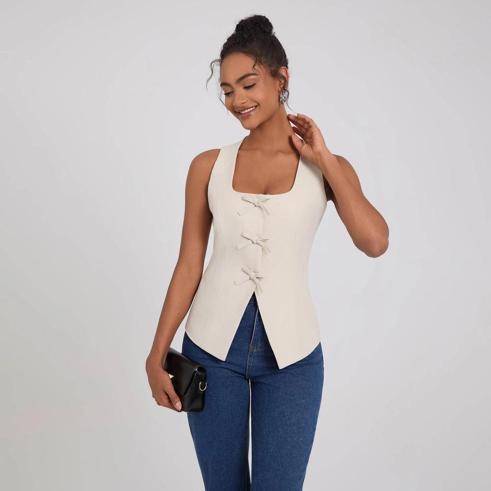 Women's Square Neck Sleeveless Front Bow Tie Closure Vest Top - A New Day™ Beige M Product Image