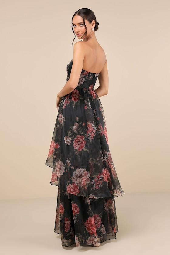 Truly Extraordinary Black Floral Organza Strapless Maxi Dress Product Image