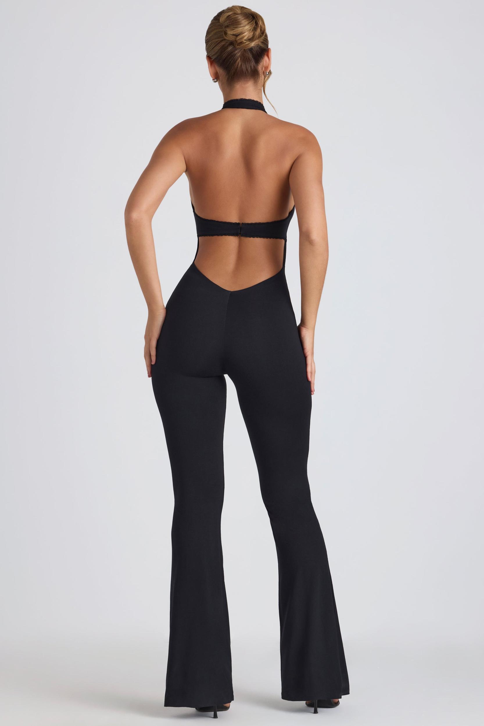 Modal Lace-Trim Cut-Out Flared Jumpsuit in Black Product Image