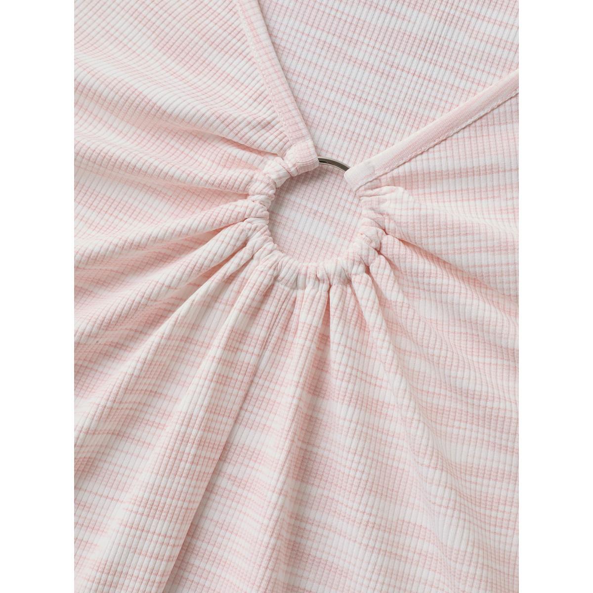 Plus Size Heather Neck Keyhole Solid T-Shirt Lightpink Women Texture V-neck Everyday-Casual T-shirts BloomChic 10/M Product Image