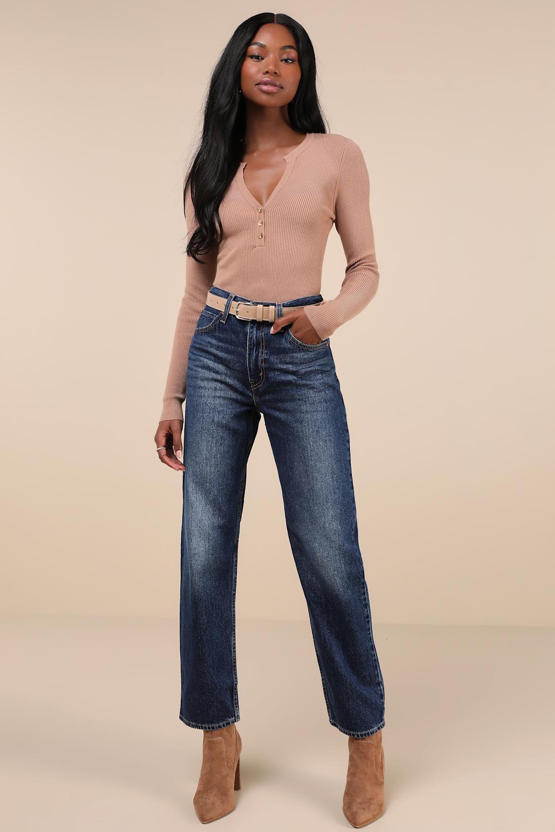 Baggy Dad Dark Wash Cotton Denim Mid-Rise Wide-Leg Jeans Product Image