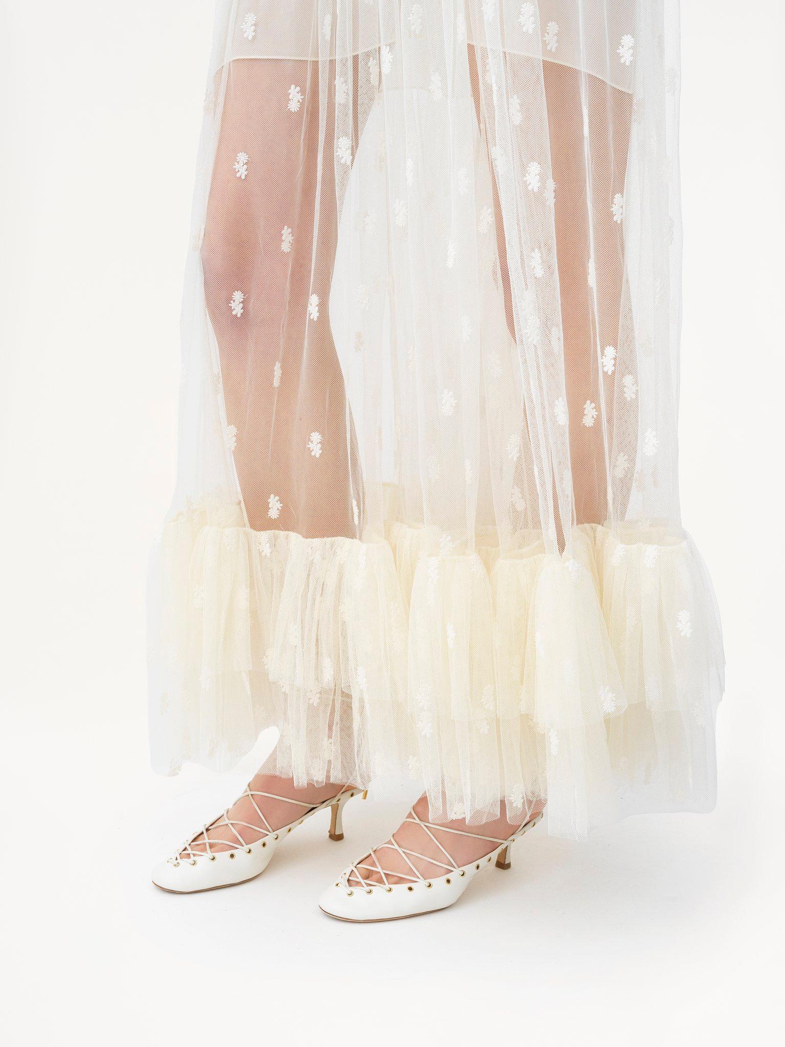 Gathered V-neck long dress in embroidered lace Product Image