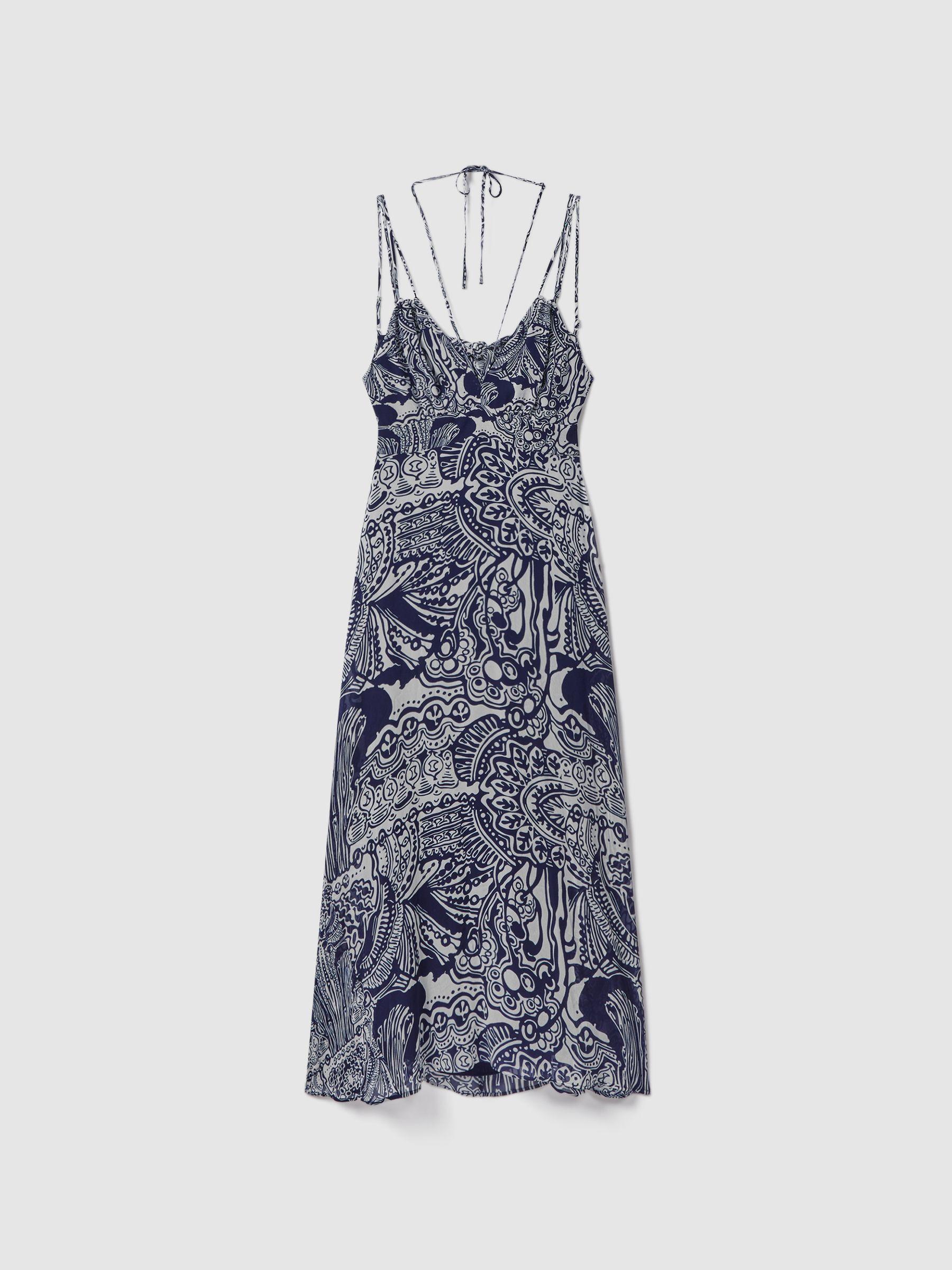 Printed Strappy Resort Midi Dress in Navy Product Image