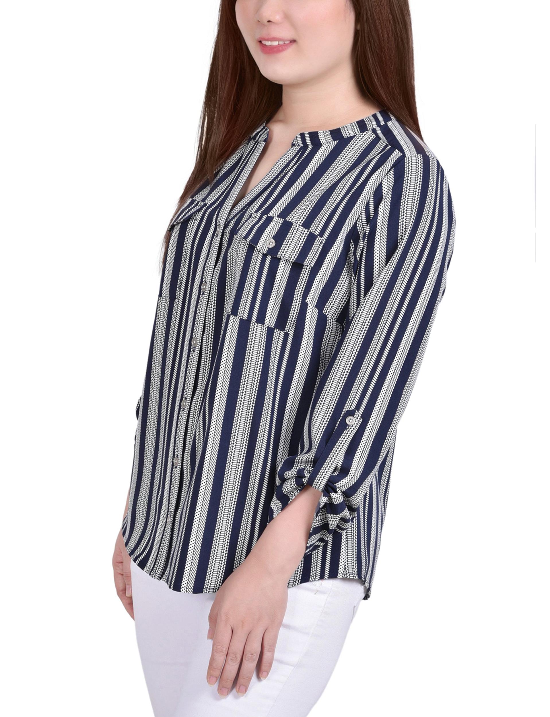 Navy White Stripe 3/4 Roll Tab Sleeve Mandarin Collar Blouse - Petite Product Image