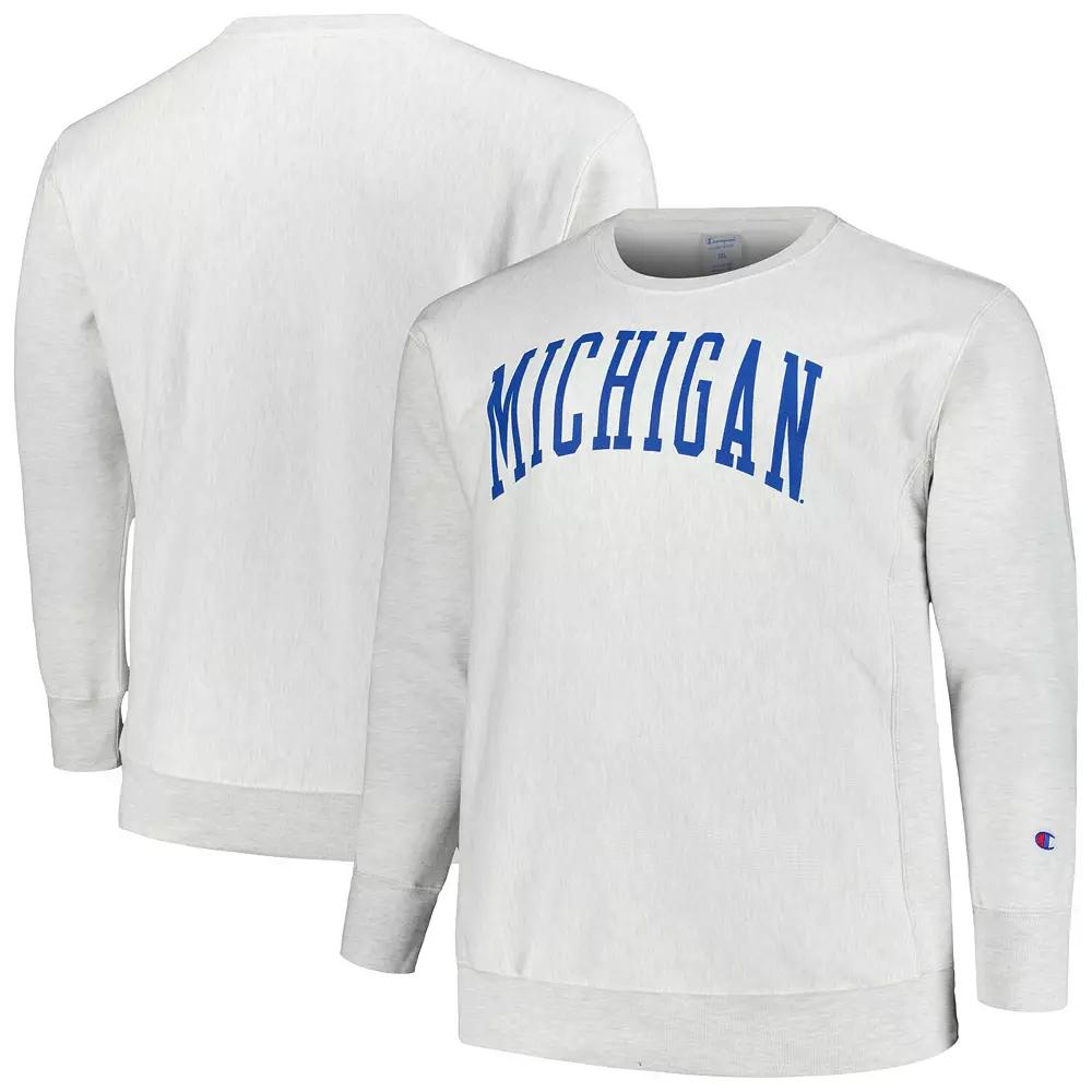Men's Champion Ash Michigan Wolverines Big & Tall Reverse Weave Fleece Crewneck Pullover Sweatshirt, Size: XLT, Black Product Image