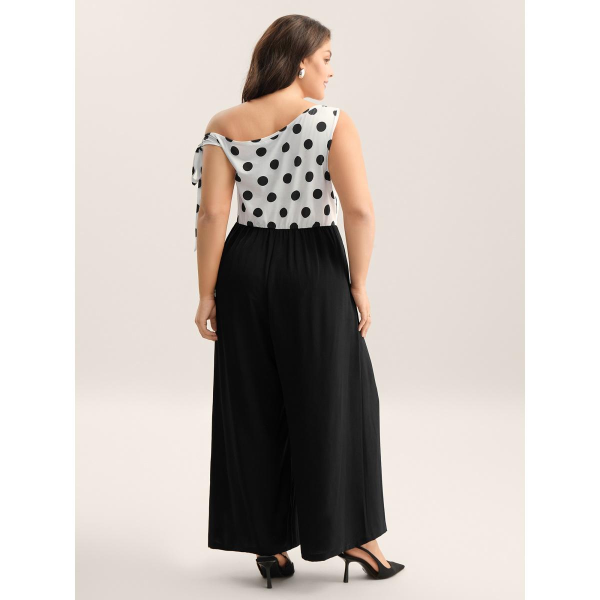Plus Size Originalwhite Polka Dots One-Shoulder Tied Jumpsuit Women Sleeveless Asymmetrical Neck Work Loose Jumpsuits BloomChic 26/4X Product Image