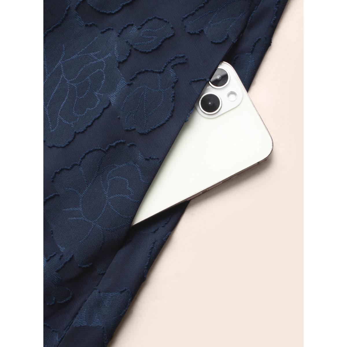 Plus Size Off Shoulder Shirred Frill Trim Dress Navy Women Cocktail Texture One-shoulder neck Long Sleeve Curvy BloomChic 30/6X Product Image