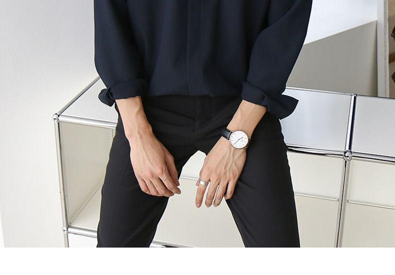 Long Sleeve Band Collar Plain Button Shirt Product Image