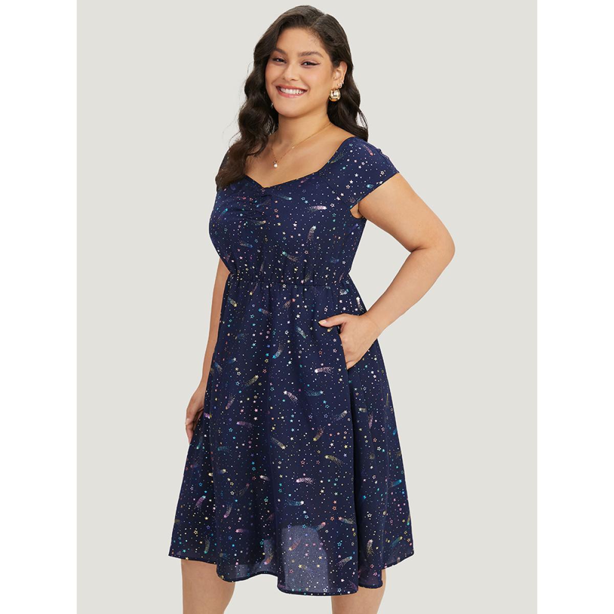 Plus Size Star Glitter Pocket Ruched Square Neck Dress Navy Women Elegant Gathered Square Neck Sleeveless Curvy Midi Dress BloomChic 14-16/1X Product Image