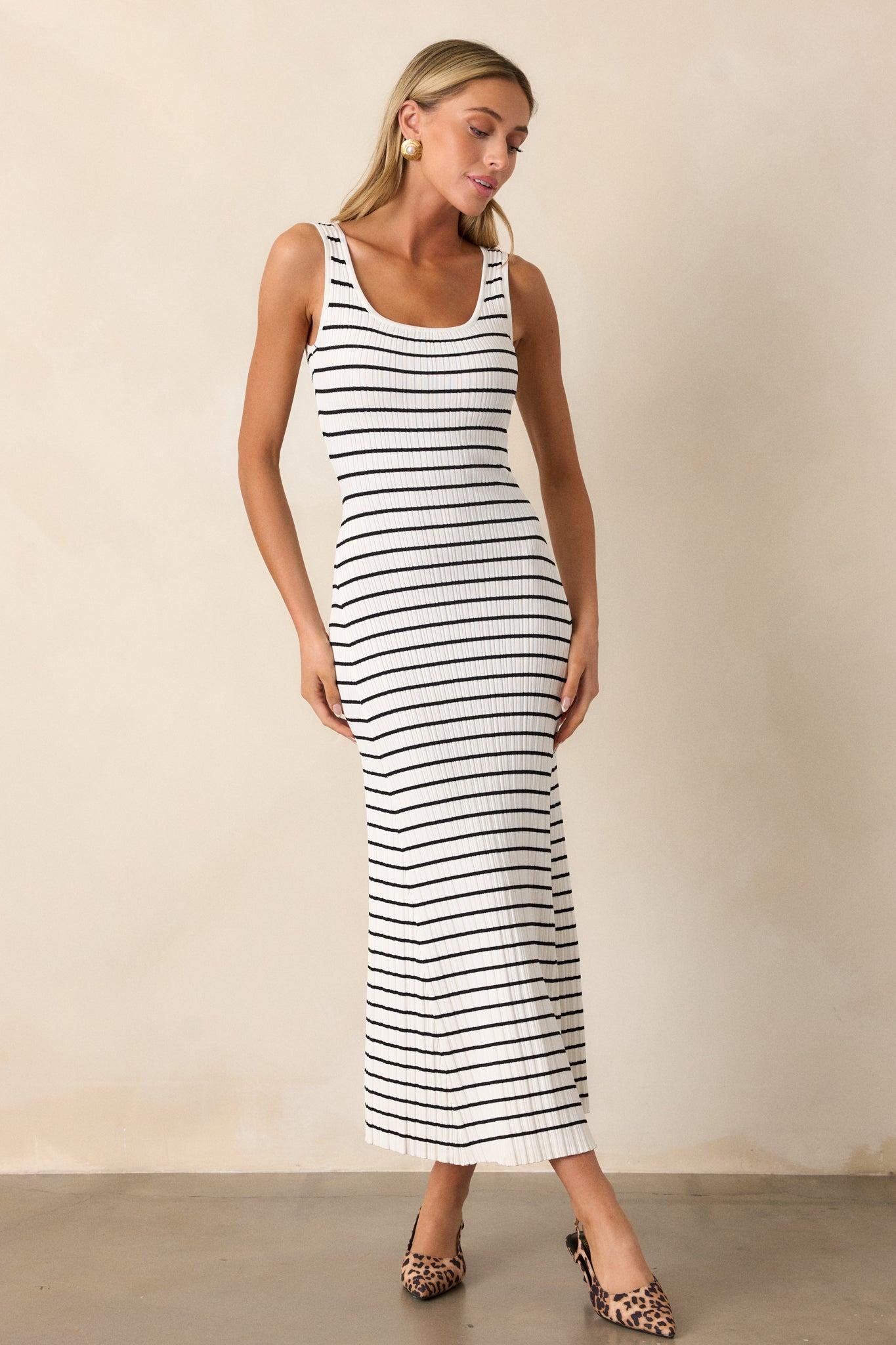Classic Rhythm White Stripe Ribbed Maxi Dress Product Image