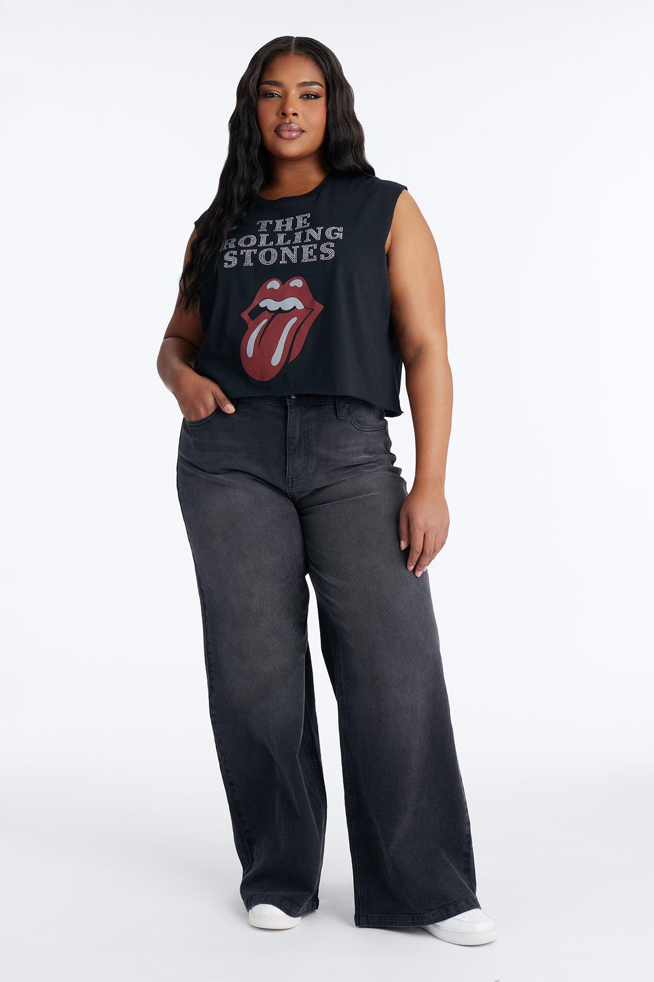 The Rolling Stones Cropped Muscle Tee With Rhinestones - Black Female Product Image