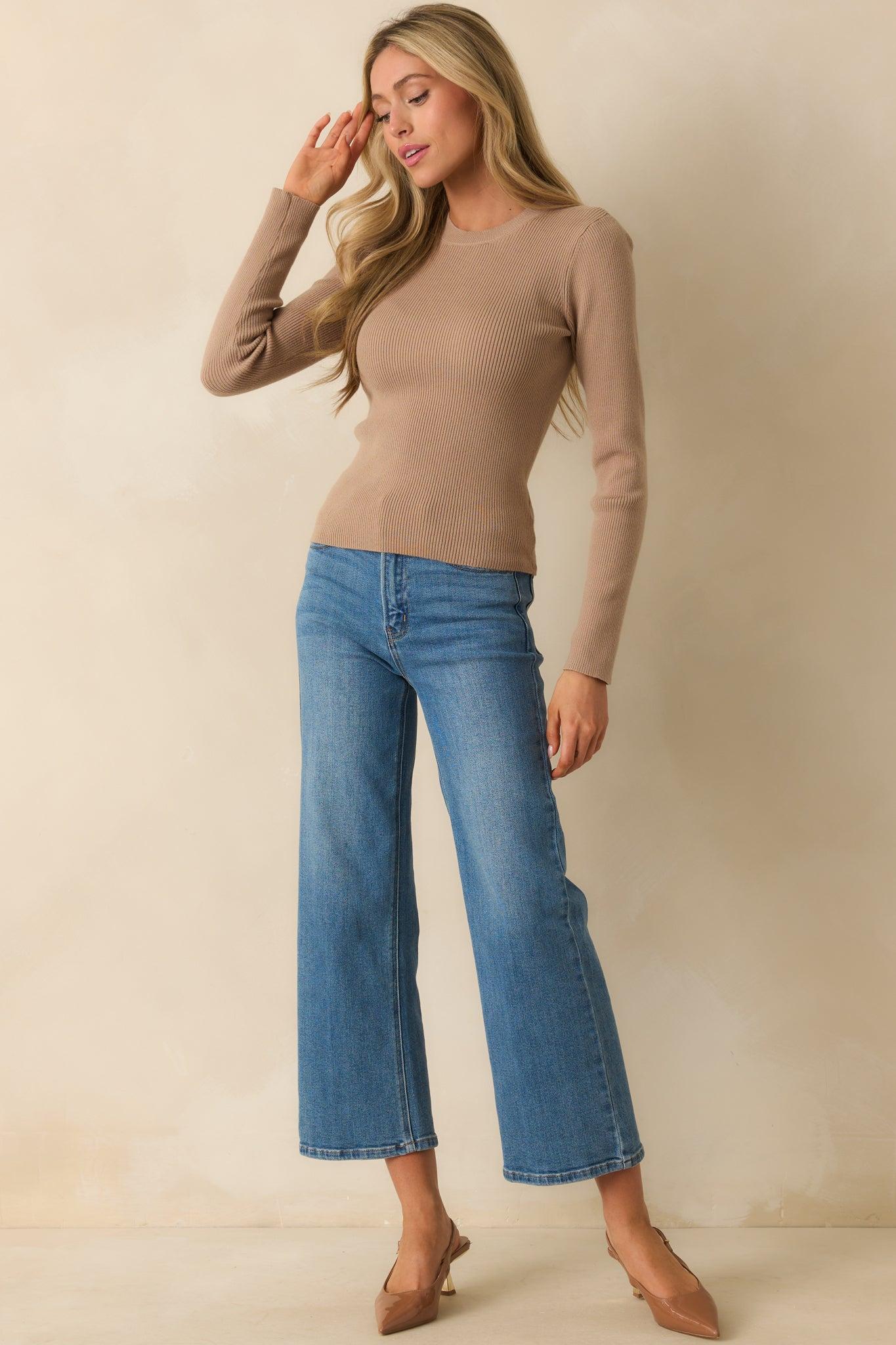 The Way It Used To Be Taupe Ribbed Knit Long Sleeve Sweater L / Taupe Product Image
