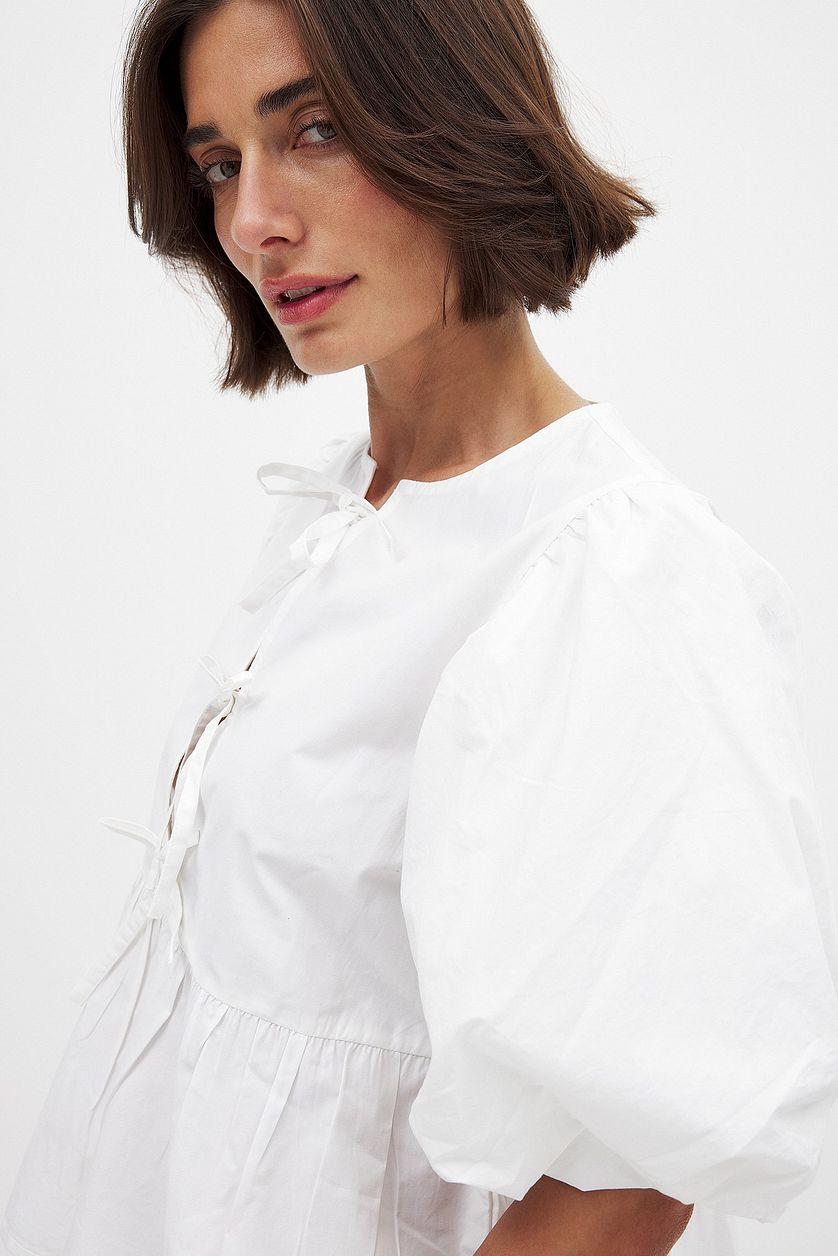 Cotton Puff Sleeve Tie Front Blouse Product Image