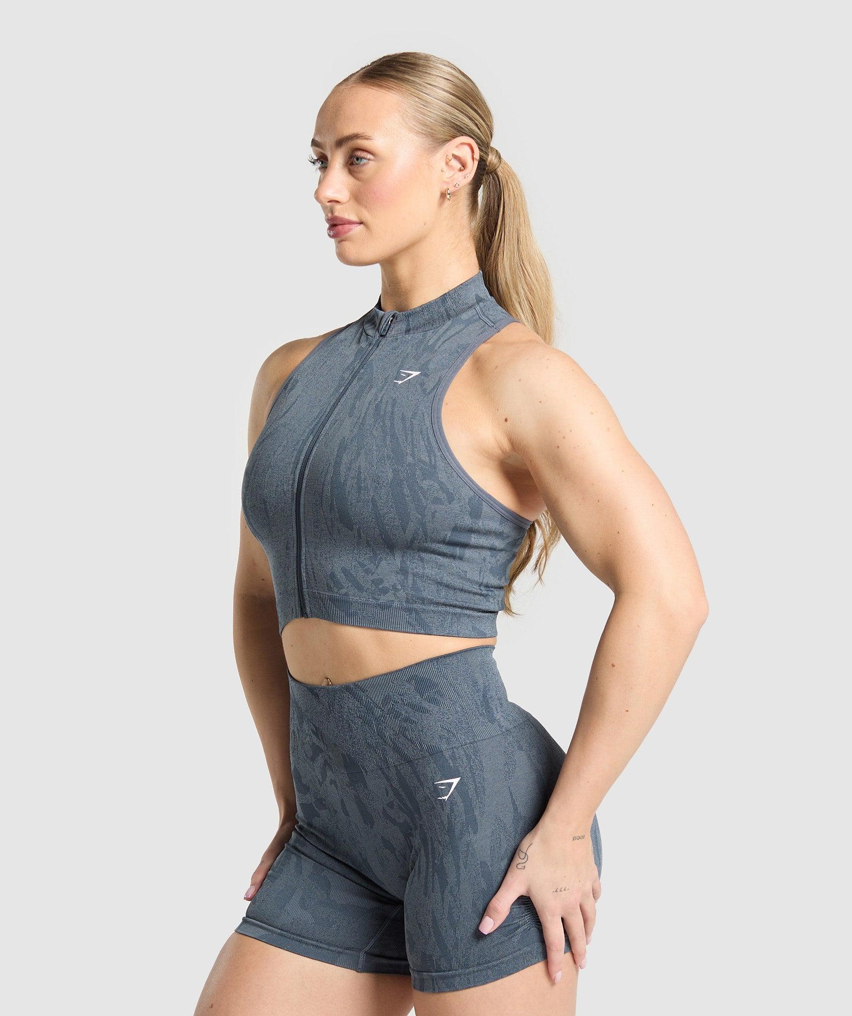 Gymshark Adapt Camo Seamless Zip Up Crop Top - Titanium Blue/Denim Grey Female Product Image