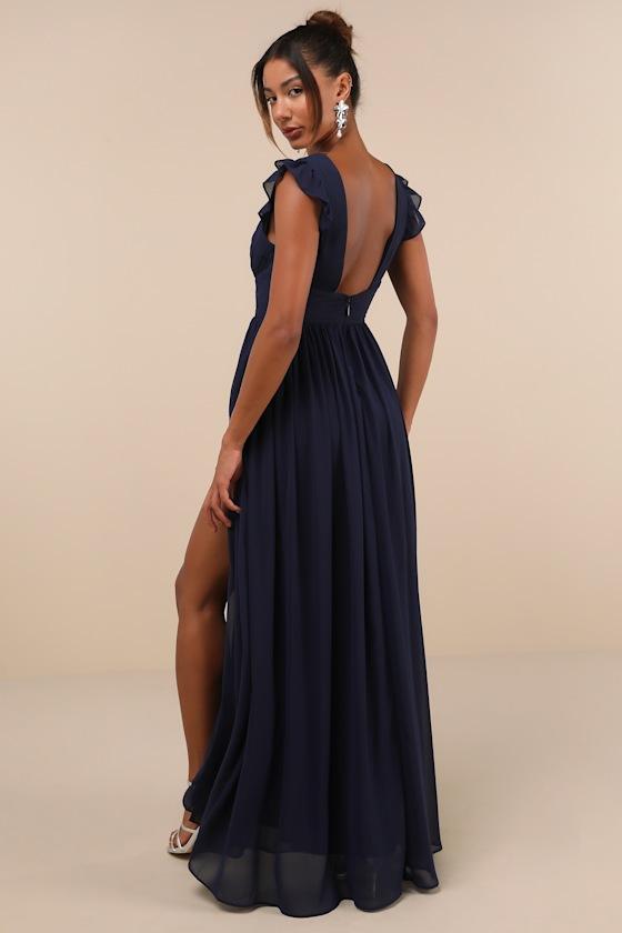 Gorgeous Goal Navy Pleated Backless Surplice Maxi Dress Product Image