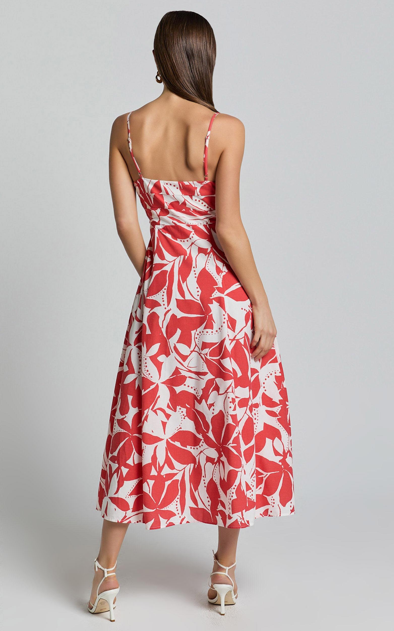 Nylia Midi Dress - Strappy Fit and Flare Dress in Red Floral Product Image
