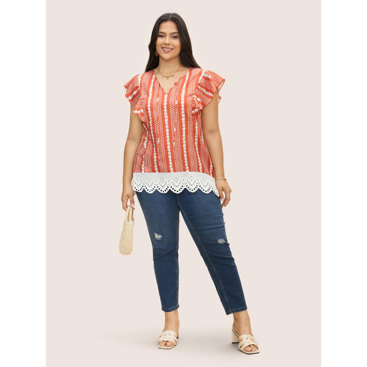 Plus Size Brightorange Boho Print Lace Panel Cap Sleeve Blouse Women Resort Cap Sleeve V-neck Vacation Blouses BloomChic 10/M Product Image