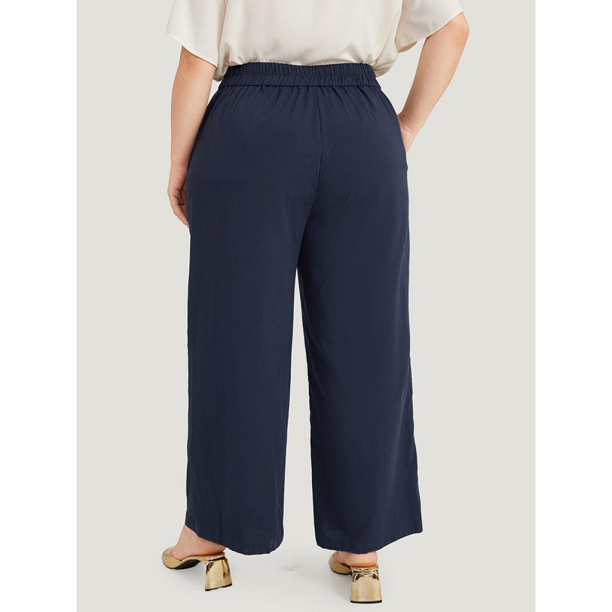 Plus Size Solid Button Up Pocket Wide leg High Rise Pants Women Indigo Office Straight Leg High Rise Work Pants BloomChic 10/M Product Image