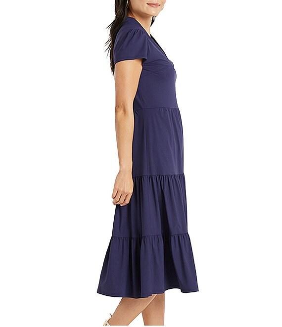 Jude Connally Libby Solid Jude Cloth Knit V-Neck Short Puffed Sleeve A-Line Tiered Midi Dress Product Image