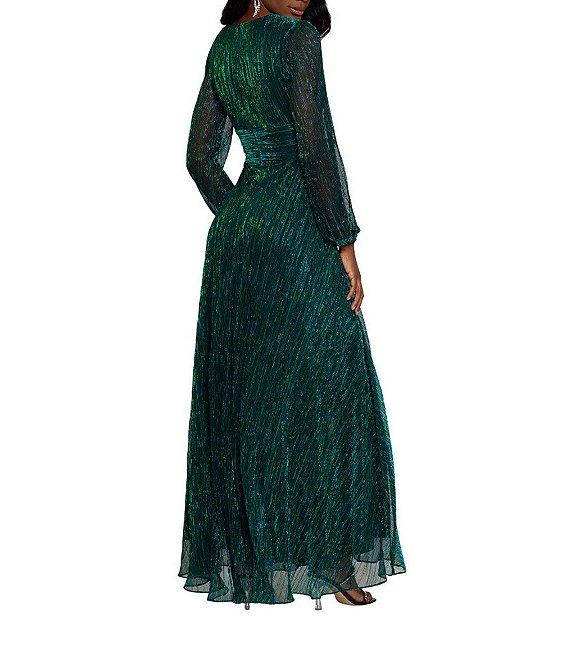 Betsy & Adam Metallic Long Sleeve V-Neck Gown Product Image