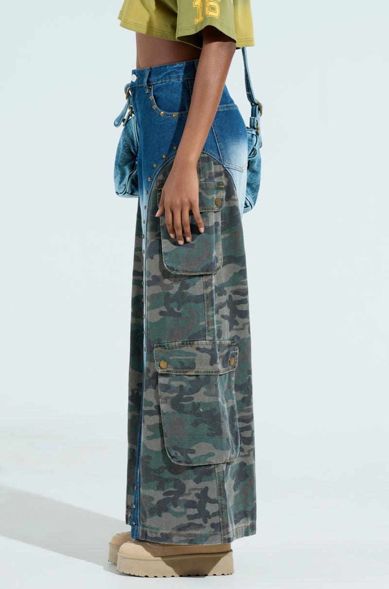 CADET CRAZY CAMO AND DENIM WIDE LEG PANT Product Image
