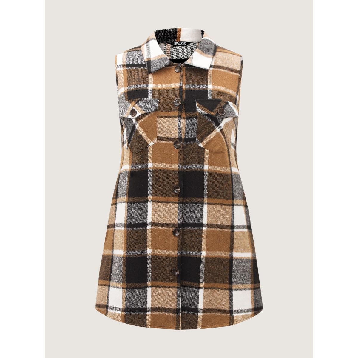Plus Size Plaid Flap Detail Sleeveless Jacket Women Yellowishbrown Button Side seam pocket Casual Jackets BloomChic 12/L Product Image