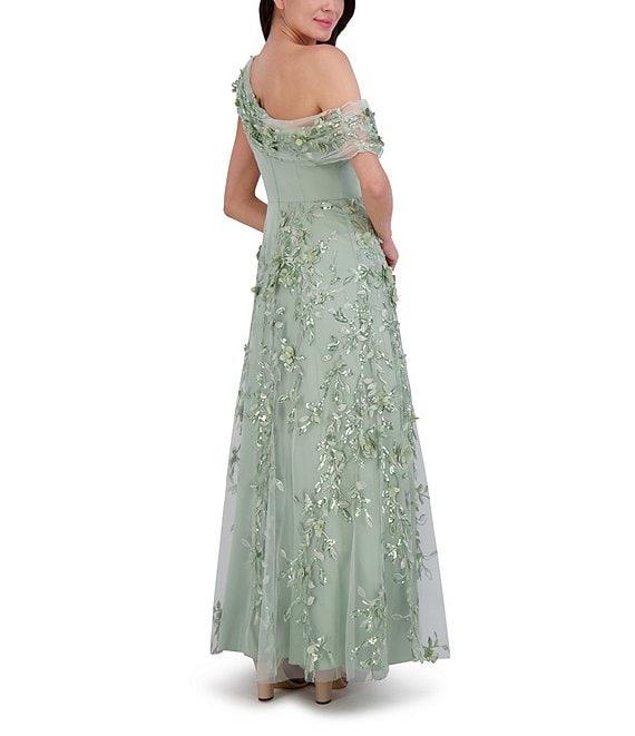 Eliza J Embroidered 3D Floral Print One-Shoulder Neck Sleeveless Caplet A-Line Gown Product Image