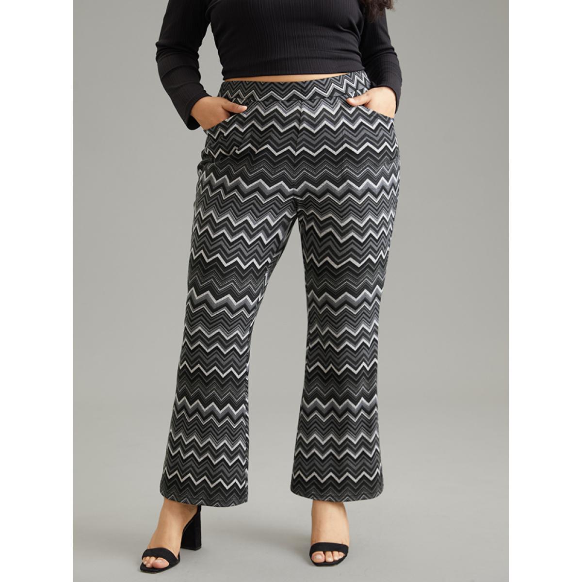 Plus Size Striped Geometric Pocket Bootcut High Rise Pants Women Black Resort Bootcut High Rise Vacation Pants BloomChic 26/4X Product Image