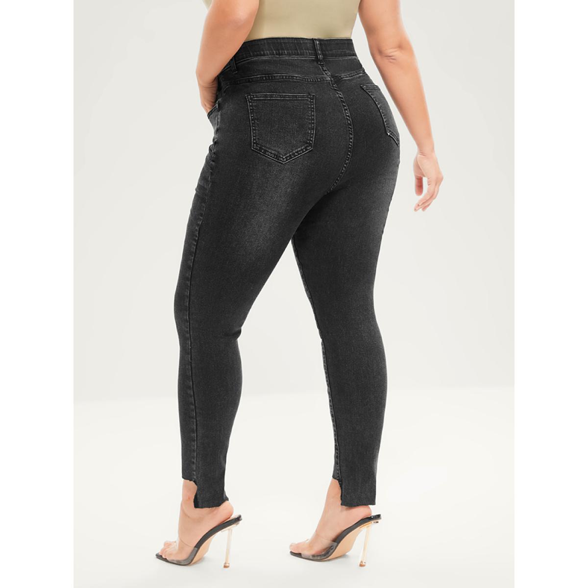 Plus Size Skinny Moderately Stretchy Mid Rise Dark Wash Gap Proof Jeans Women Black Casual Plain Gap-proof Medium stretch Pocket Jeans BloomChic 10/M Product Image
