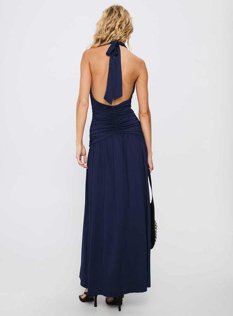Diona Halter Ruched Maxi Dress Navy Product Image
