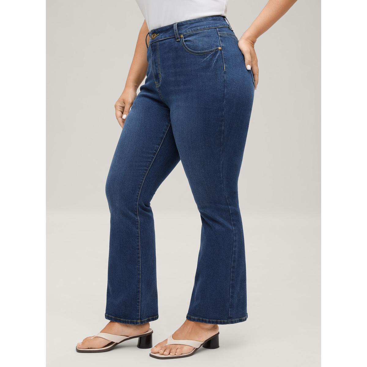Plus Size Classic Bootcut Mid-Rise Jeans Women Midblue Medium stretch Slanted pocket Jeans BloomChic 14/1X Product Image