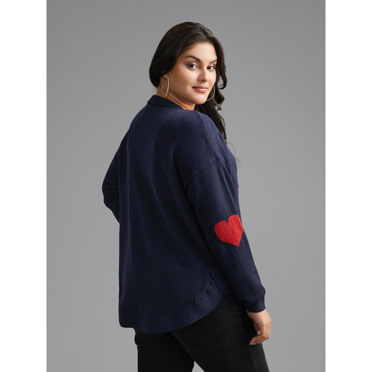 Plus Size Supersoft Heart Pattern Cardigan Indigo Women Casual Loose Long Sleeve Round Neck Everyday Pullovers BloomChic 26/4X Product Image