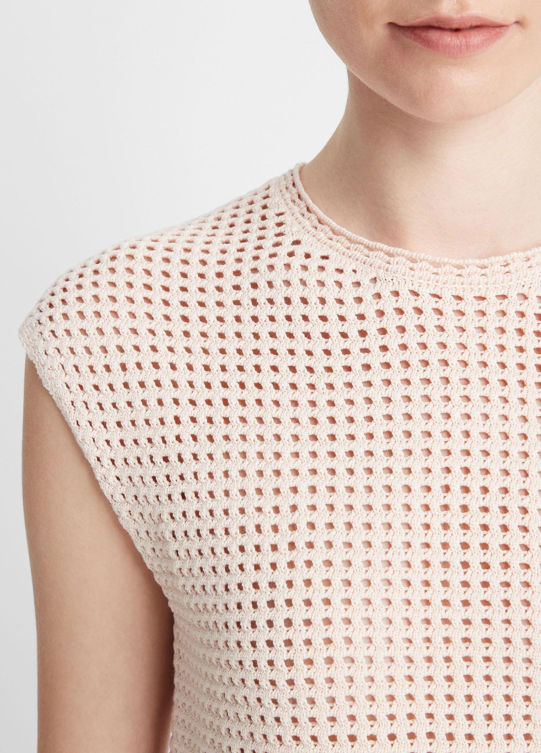 Mesh-Stitch Cap-Sleeve Crew Neck Sweater Product Image