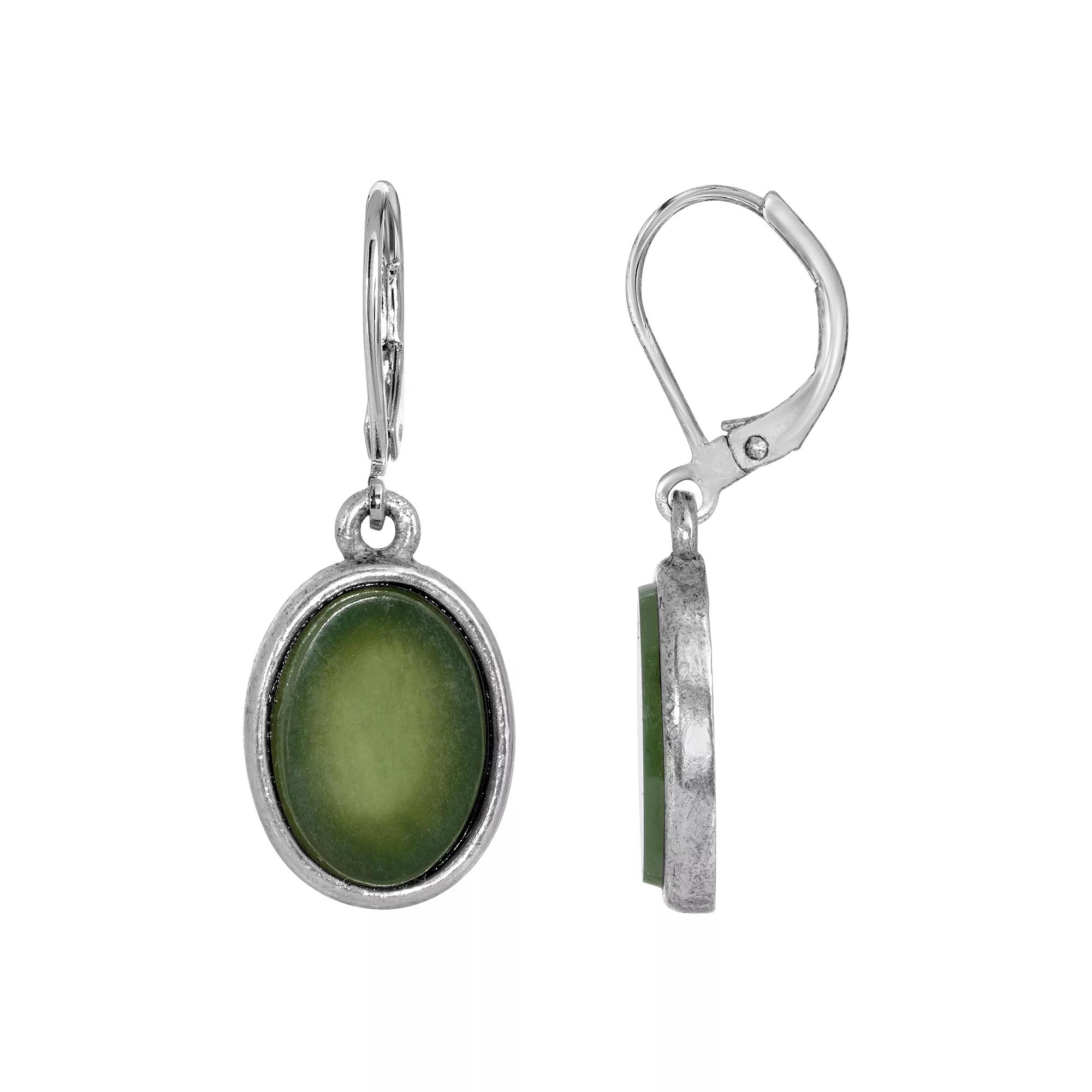 1928 Silver Tone Stone Oval Drop Earrings, Womens, Green Product Image