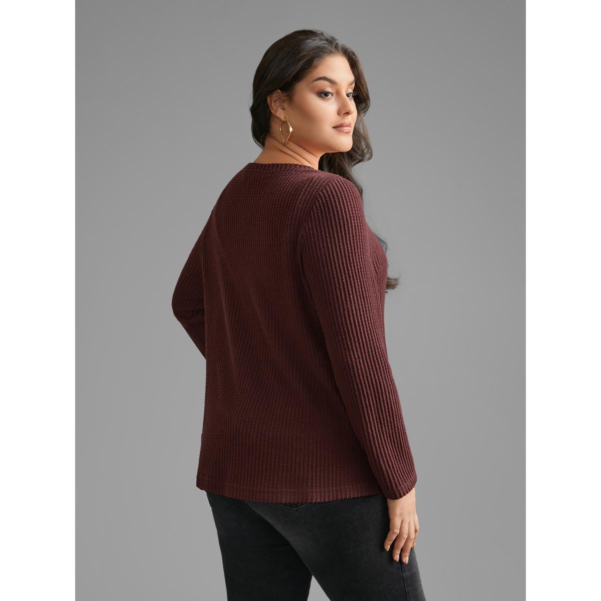 Plus Size Round Neck Waffle Knit Twist Front T-shirt Deepred Women Casual Twist Round Neck Everyday T-shirts BloomChic 28/5X Product Image