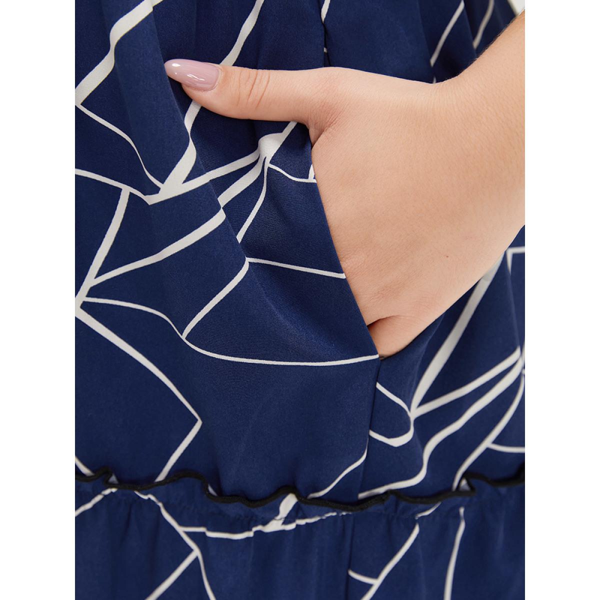 Plus Size Geometric Print Ruffle Cap Sleeve Wrap Layered Hem Dress Indigo Women Office Printed V-neck Cap Sleeve Curvy Long Dress BloomChic 30/6X Product Image