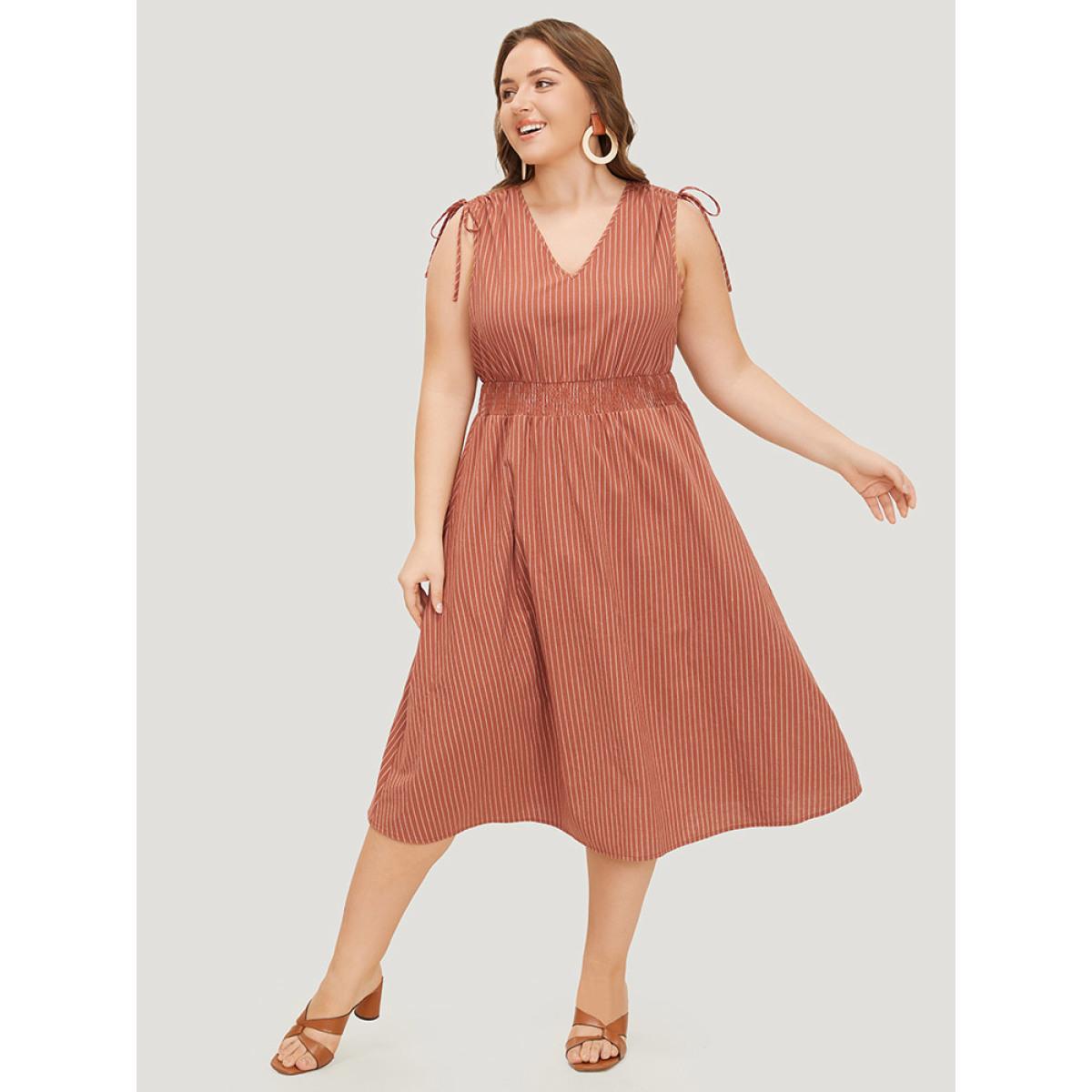 Plus Size Striped Print Pocket Shirred Drawstring Shoulder Dress Rust Women Vacation Contrast V-neck Sleeveless Curvy Midi Dress BloomChic 12/L Product Image