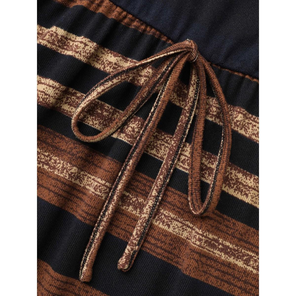 Plus Size Striped Elastic Waist Tie Knot Dress Yellowishbrown Women Resort Tie knot Round Neck Elbow-length sleeve Curvy BloomChic 26/4X Product Image