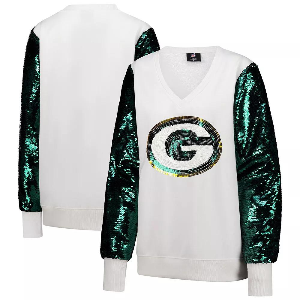 Women's Cuce White Green Bay Packers Sequin Sleeve V-Neck Pullover Sweatshirt, Size: 3XL Product Image