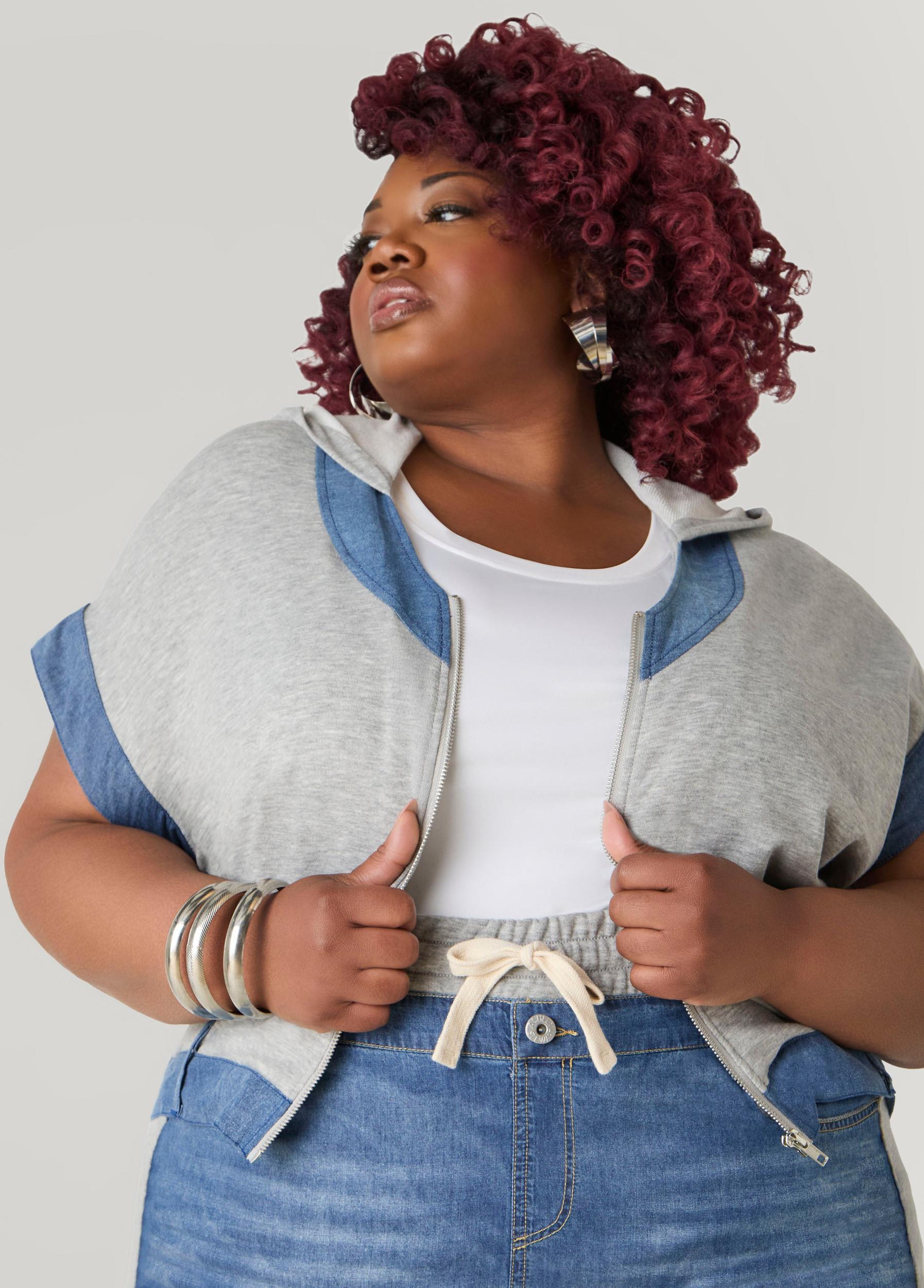 Plus Size Denim Trimmed French Terry Hoodie Ashley Stewart Product Image