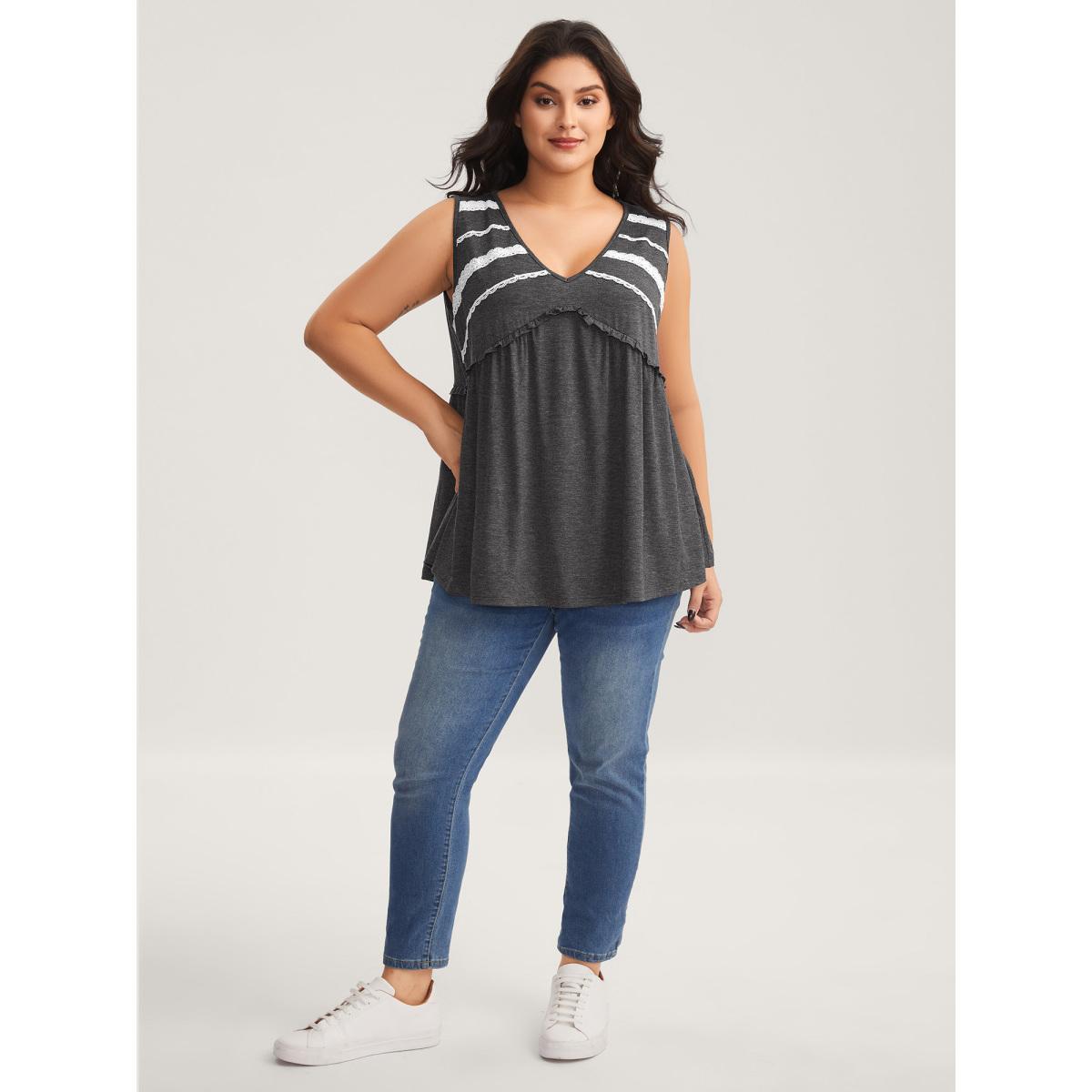 Plus Size Lace Trim V-Neck Tank Top Women DimGray Leisure Wraparound straps V-neck Casual Tank Tops Camis BloomChic 14-16/1X Product Image