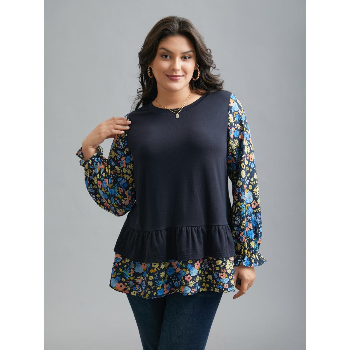 Plus Size Floral Spliced Tiered Hem T-Shirt Indigo Women Elegant Contrast Natural Flowers Round Neck Everyday T-shirts BloomChic 22-24/3X Product Image