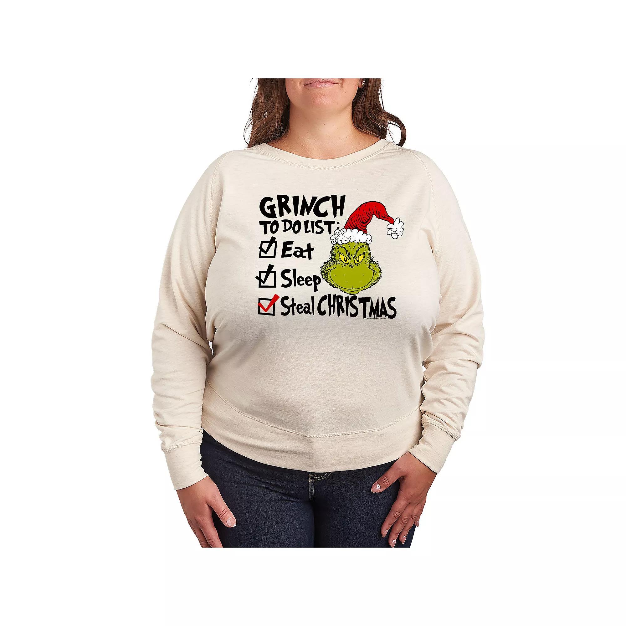 Plus Size Dr. Seuss The Grinch To Do List French Terry Long Sleeve Tee, Women's, Size: 2XL, Beige Product Image